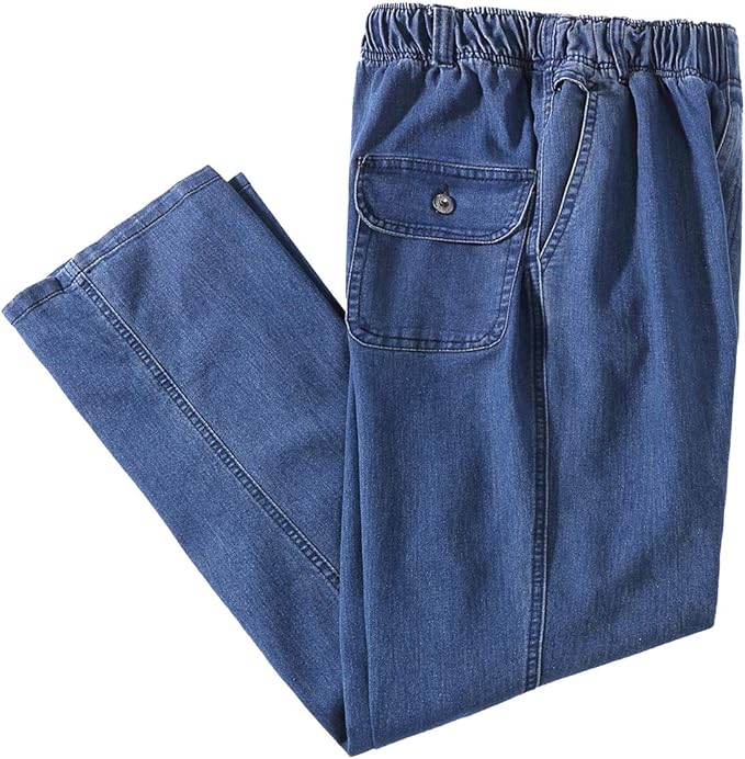 Men’s Elastic Waist Loose Fit Denim Pants Casual Solid Jeans Trouser