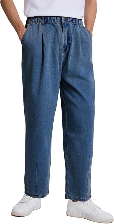 Baggy Jeans for Men Pleated Wide Leg Elastic Waist Denim Pants