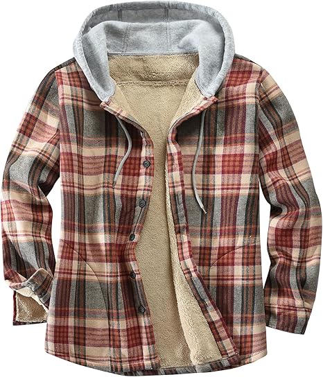Men's Cotton Plaid Shirts Jacket Fleece Lined Flannel Shirts